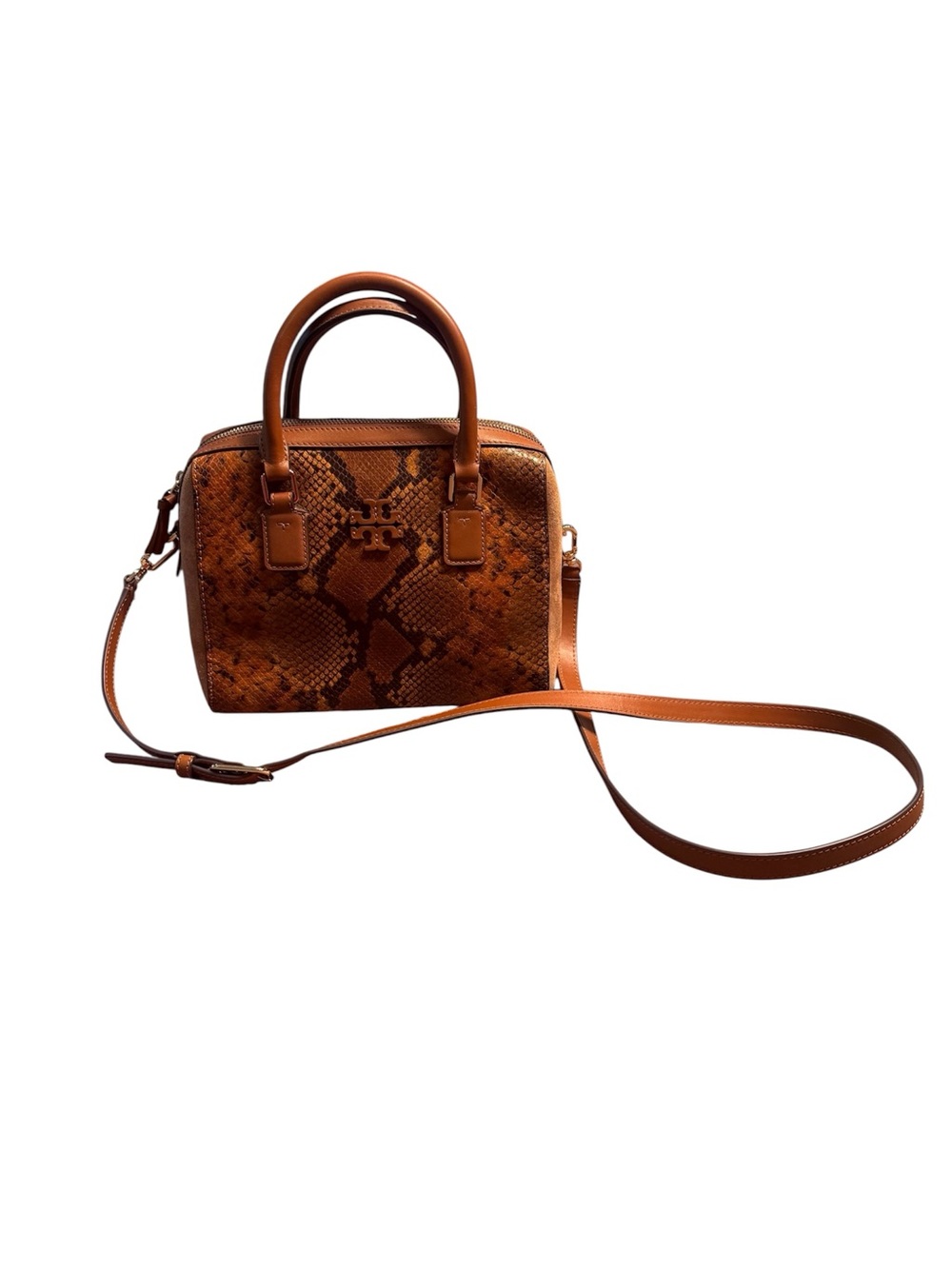 Tory Burch Thea Exotic Brown Leather Suede Snake Embossed Satchel/Crossbody $595